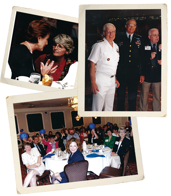Collage of images: Mrs. Schwartz and Mrs. Ryan, Gen Schwartz, Adm Mies, business meeting